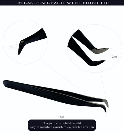 M LASH Tweezers for Eyelash Extensions – 4-Piece Set with Fiber Tip, Japanese Steel, Diamond Grip