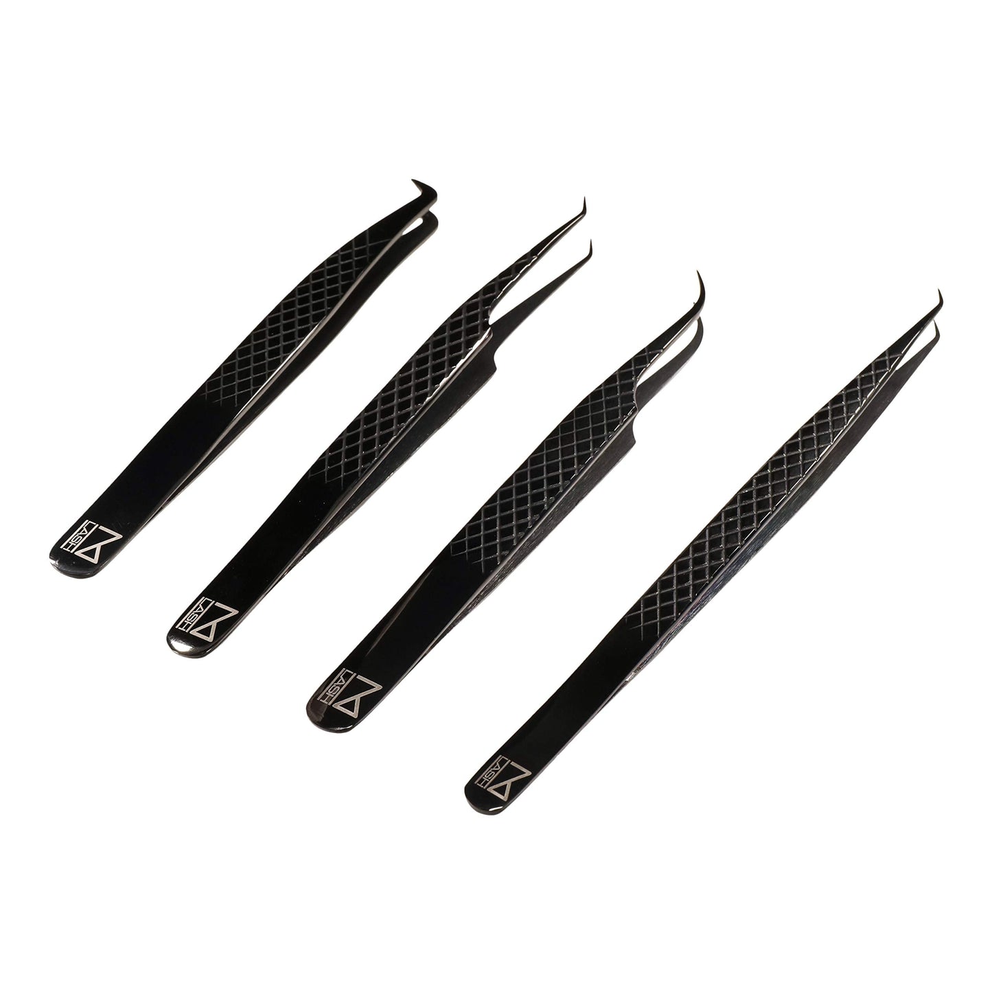 M LASH Tweezers for Eyelash Extensions – 4-Piece Set with Fiber Tip, Japanese Steel, Diamond Grip