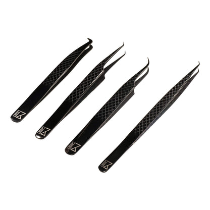 M LASH Tweezers for Eyelash Extensions – 4-Piece Set with Fiber Tip, Japanese Steel, Diamond Grip