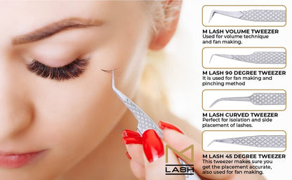 M LASH Tweezers for Eyelash Extensions (Set of 4) | Fiber Tip, Japanese Steel, Diamond Grip