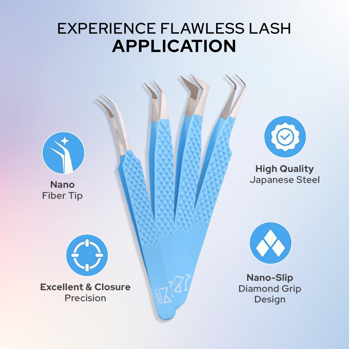 M LASH Tweezers Set of 4 – Fiber Tip, Japanese Steel, Diamond Grip (Black)