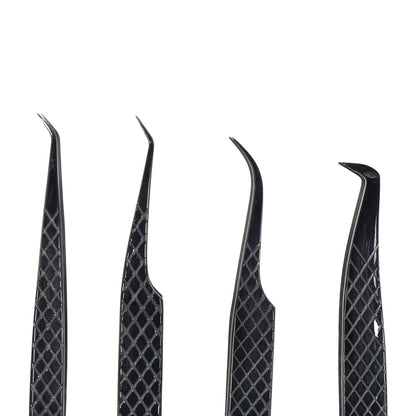 M LASH Tweezers for Eyelash Extensions – 4-Piece Set with Fiber Tip, Japanese Steel, Diamond Grip