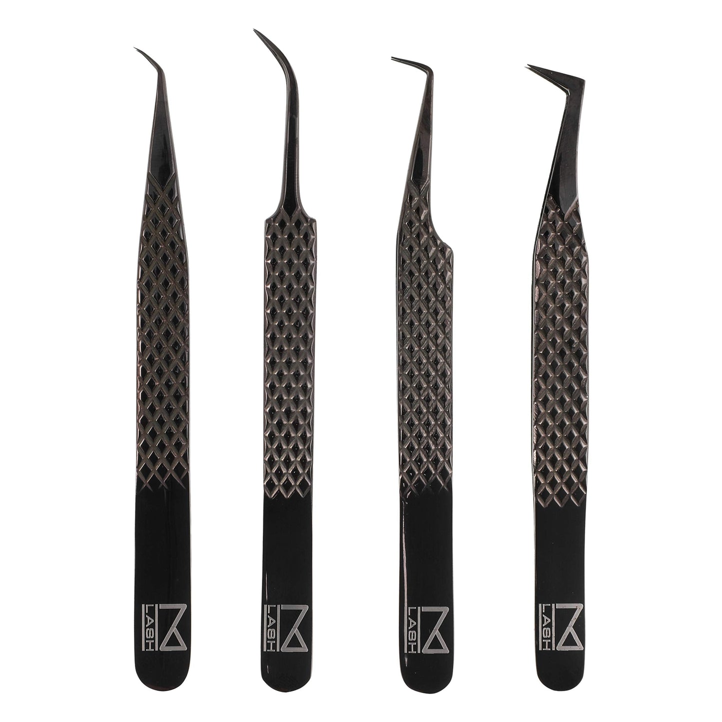 M LASH Tweezers Set of 4 – Fiber Tip, Japanese Steel, Diamond Grip (Black)