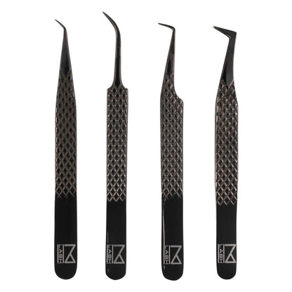 M LASH Tweezers Set of 4 – Fiber Tip, Japanese Steel, Diamond Grip (Black)