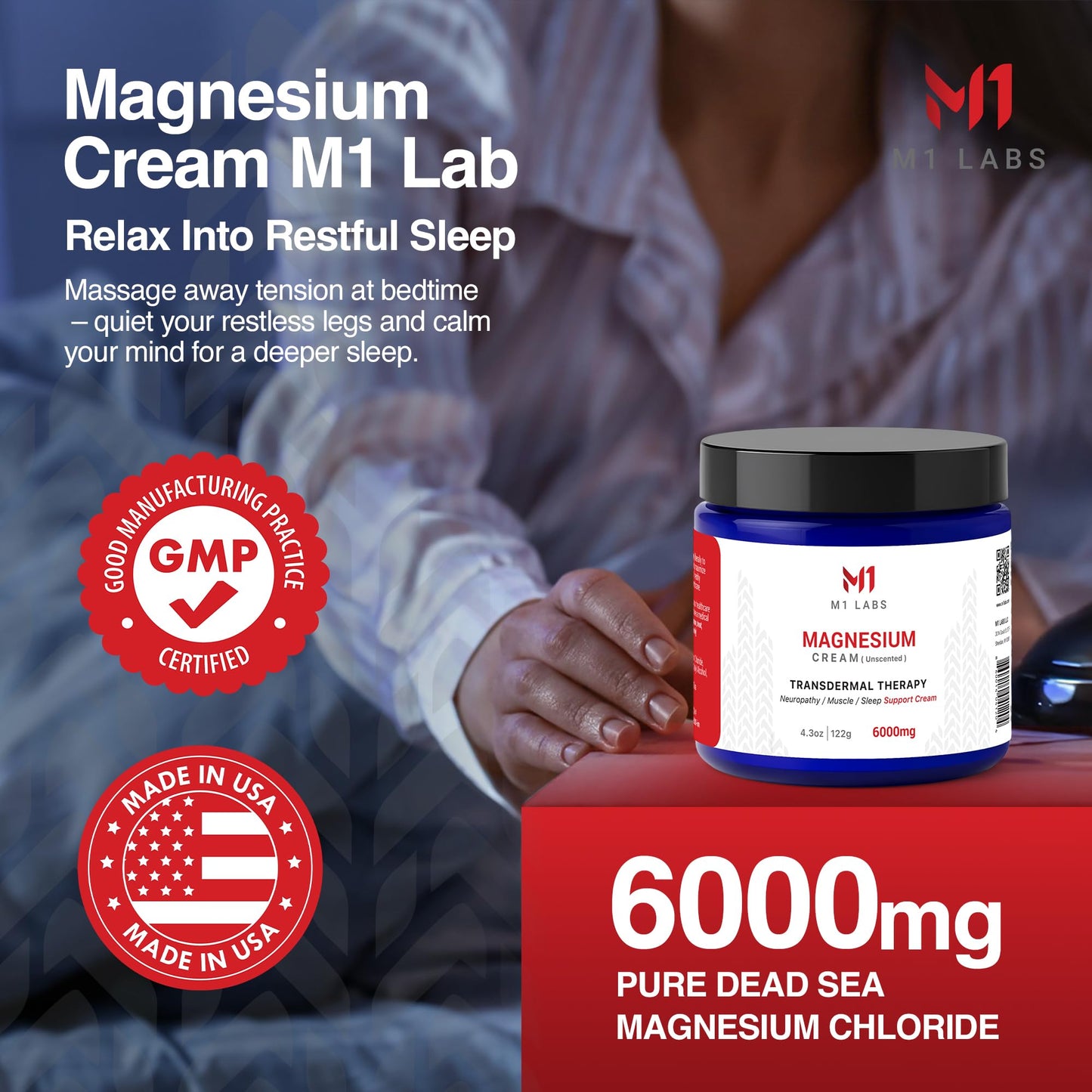 M1 Labs 6000mg Magnesium Topical Cream – Unscented, Fast-Absorbing 4.3 oz for Sleep, Muscles & Neuropathy