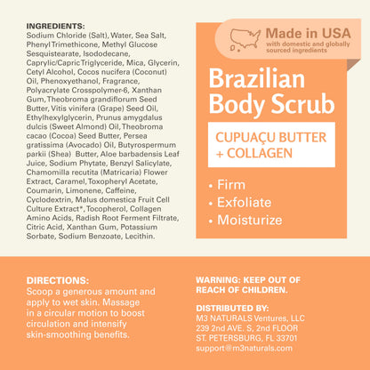M3 Naturals Brazilian Body Scrub – Firming & Moisturizing Exfoliator (16 oz) with Cupuacu Butter, Jojoba Oil & Collagen