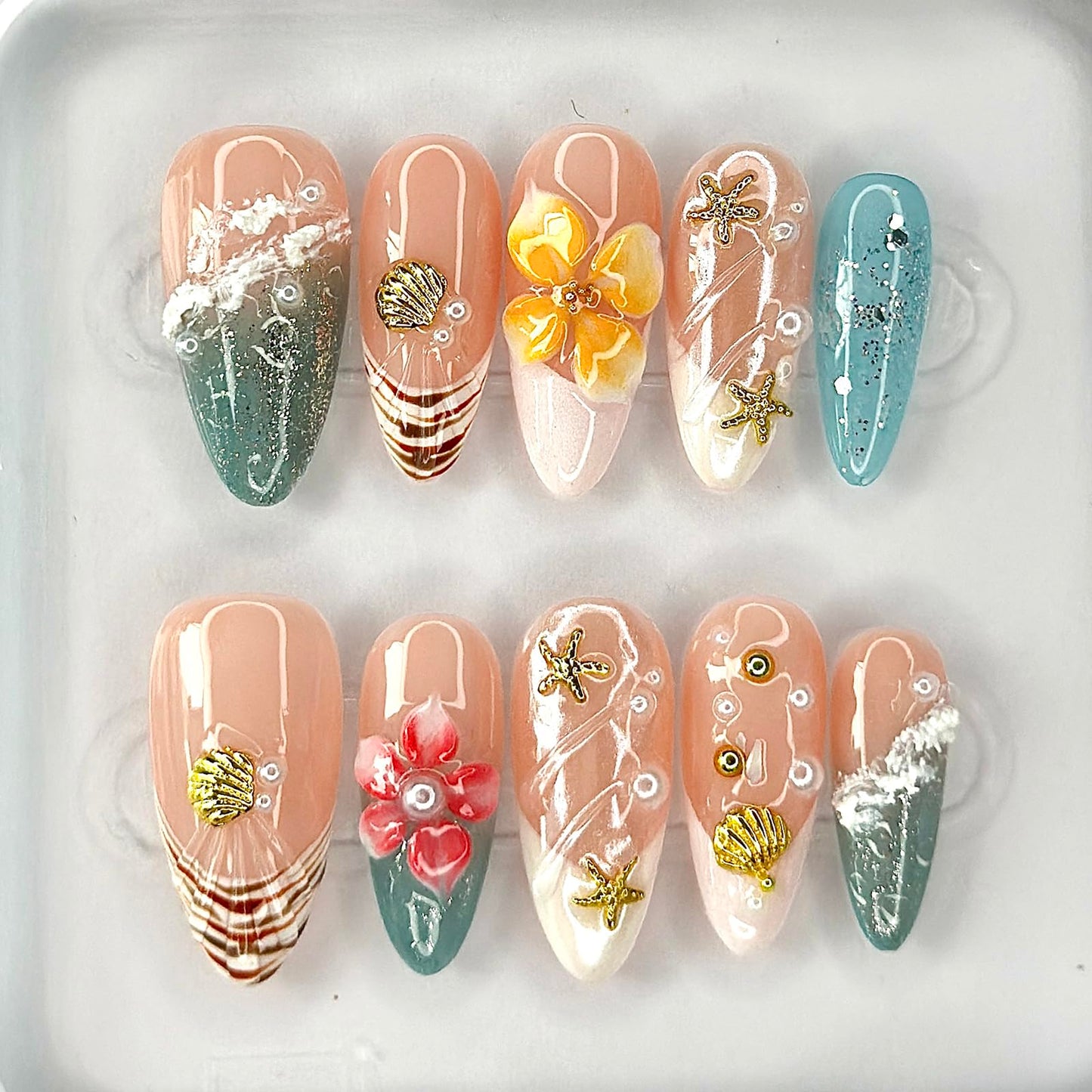MABKJLF Luxury Press On Nails – Medium Almond French Tip, 3D Floral Design