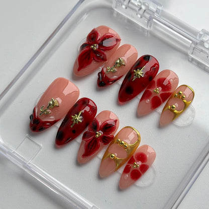 MABKJLF Luxury Press On Nails – Medium Almond, Red Floral, Reusable ABS, Complete Kit