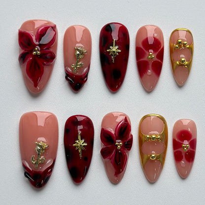 MABKJLF Luxury Press On Nails – Medium Almond, Red Floral, Reusable ABS, Complete Kit