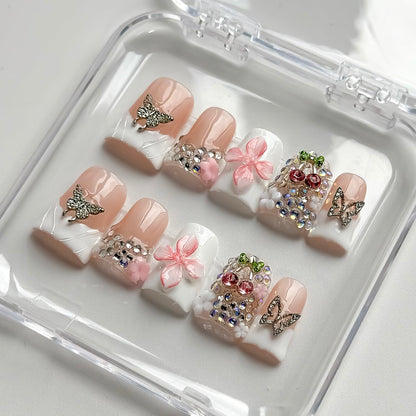 MABKJLF Luxury Press On Nails – Short Duck 3D Handmade Reusable ABS, White French Tip with Pink Flower & Butterfly