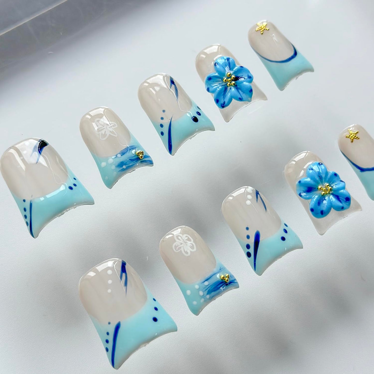 MABKJLF Luxury Press On Nails – Short Duck 3D Handmade, Reusable ABS, Blue French Tip