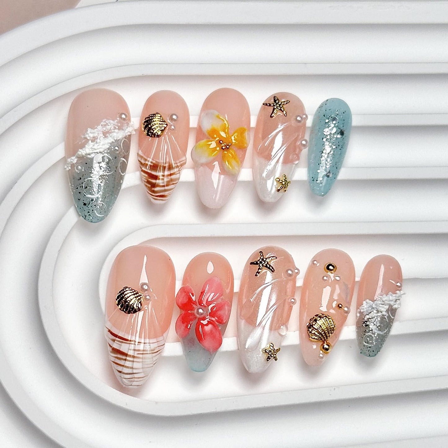 MABKJLF Luxury Press On Nails – Medium Almond French Tip, 3D Plumeria Floral, Reusable ABS Kit