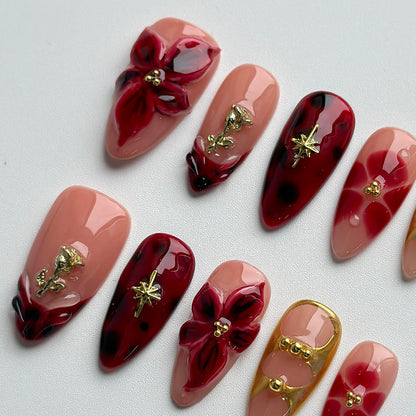 MABKJLF Luxury Press On Nails – Medium Almond, Red Floral, Reusable ABS, Complete Kit