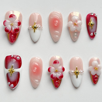 MABKJLF Luxury Press On Nails – Medium Almond, 3D Design, Reusable ABS, Chrome French Tip