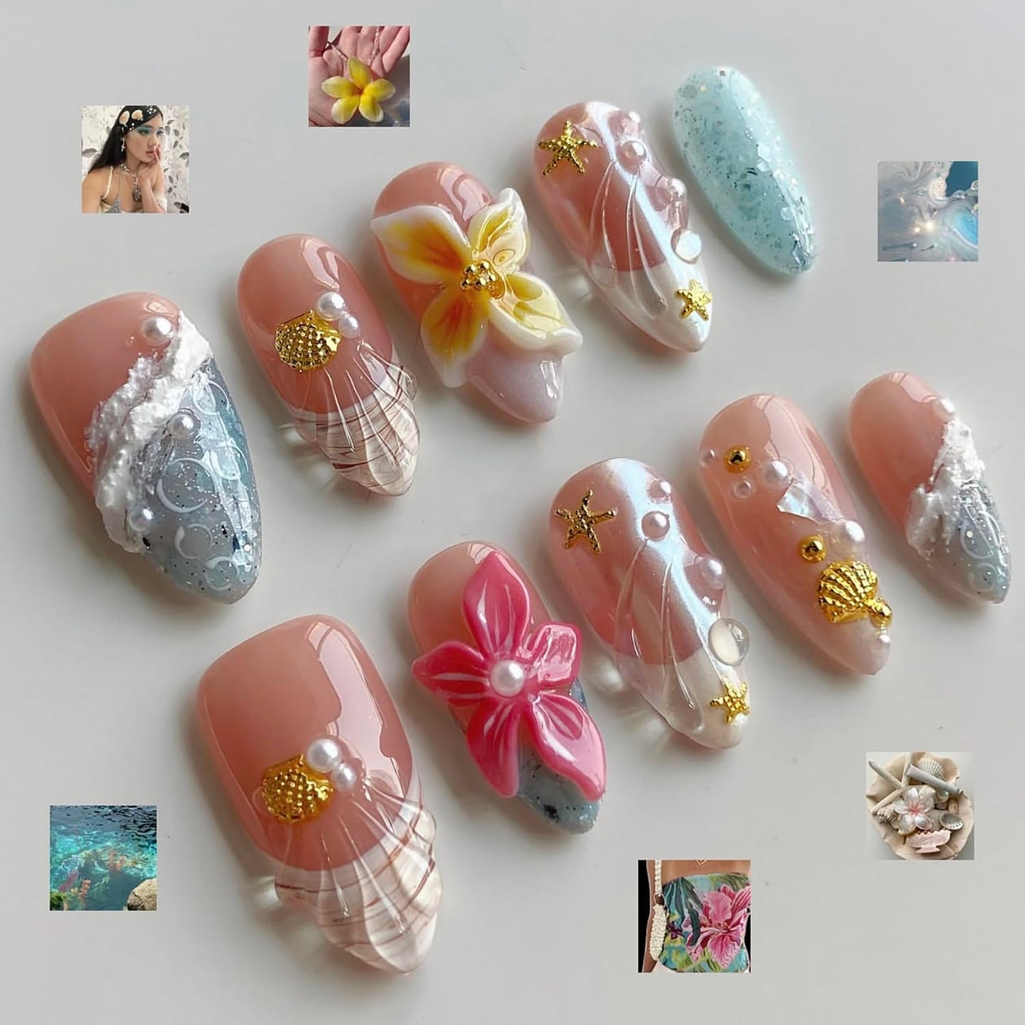 MABKJLF Luxury Press On Nails – Medium Almond French Tip, 3D Plumeria Floral, Reusable ABS Kit