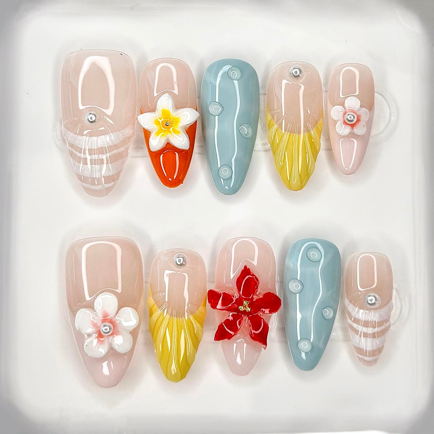 MABKJLF Luxury Press On Nails – Medium Almond French Tip, 3D Floral & Pearl Design, Reusable ABS Kit