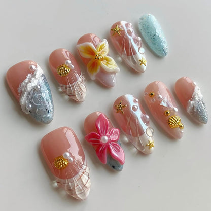 MABKJLF Luxury Press On Nails – Medium Almond French Tip, 3D Floral Design