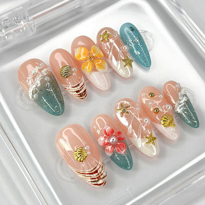 MABKJLF Luxury Press On Nails – Medium Almond French Tip, 3D Plumeria Floral, Reusable ABS Kit