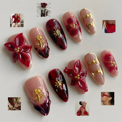 MABKJLF Luxury Press On Nails – Medium Almond, Red Floral, Reusable ABS, Complete Kit