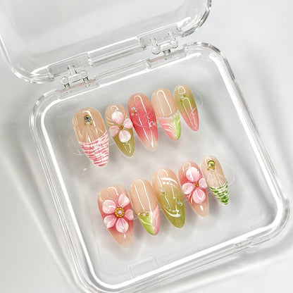 MABKJLF Luxury Press On Nails – Medium Almond French Tip, 3D Floral, Reusable ABS