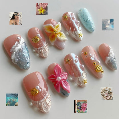 MABKJLF Luxury Press On Nails – Medium Almond French Tip, 3D Floral Design