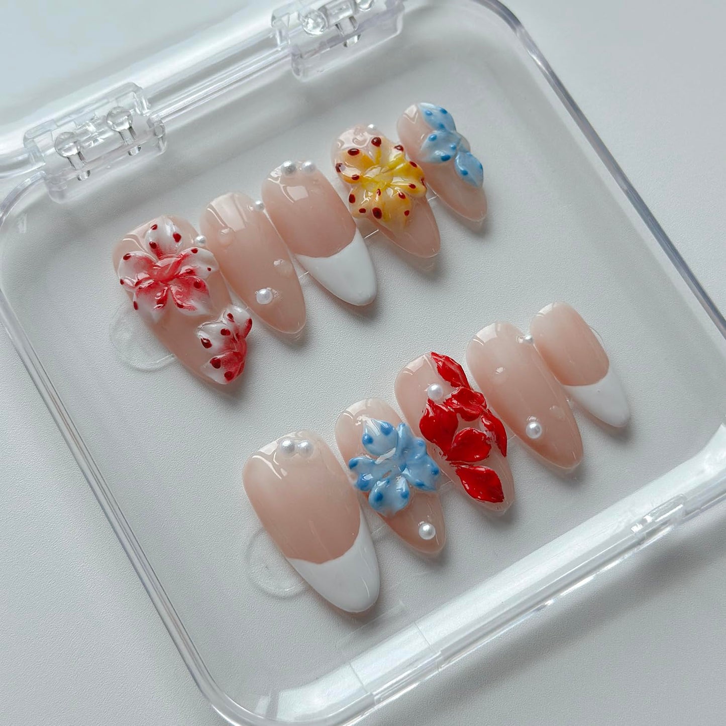 MABKJLF Luxury Press-On Nails – Medium Almond, White French Tip, 3D Design, Reusable ABS