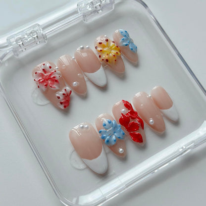 MABKJLF Luxury Press-On Nails – Medium Almond, White French Tip, 3D Design, Reusable ABS