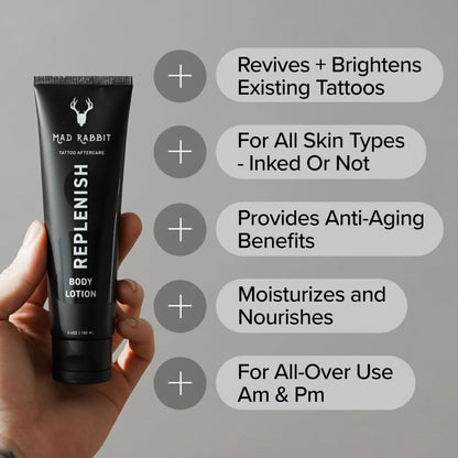 Mad Rabbit Replenish Tattoo Body Lotion – Fragrance-Free, Lightweight, Non-Greasy, Silicone-Free (3.4 oz)