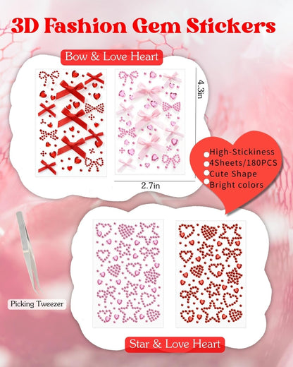 Maffuno Red Bow Face Gems & Glitter Kit — Self-Adhesive Rhinestones, Gels, and Jewels for Face, Body & Hair