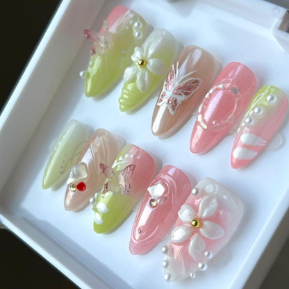 MAGLFELL Press On Nails - Medium Almond, Green & Pink, Reusable 3D Gel