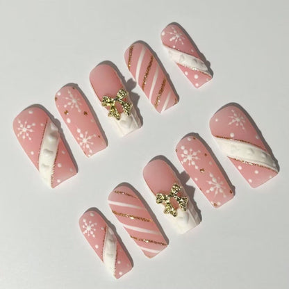 MAGLFELL Press On Nails - Handmade Square Nails with Snowflakes & Gold Plated Bow (10 Pcs, Size M)