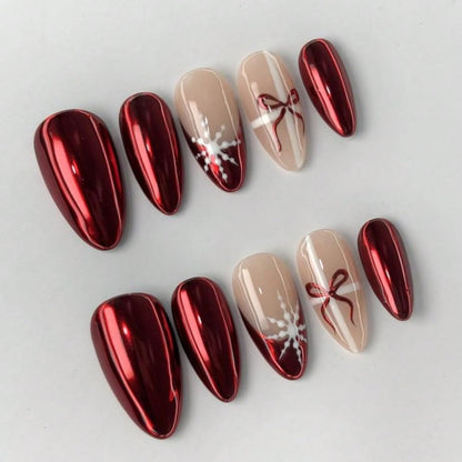 MAGLFELL Christmas Press On Nails – Handmade Almond Medium-Length with 3D Bows (Size S, 10Pcs)