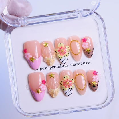 MAGLFELL Press On Nails - Medium Almond Shape Handmade Nails with Thick Acrylic & Multi-Layer Gel (Size M)