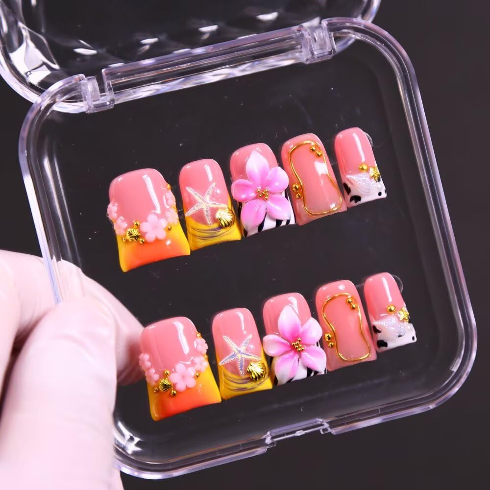 MAGLFELL Press On Nails – 10 Pcs Handmade French Duckbill Nails, Reusable Short False Nails (Size M)