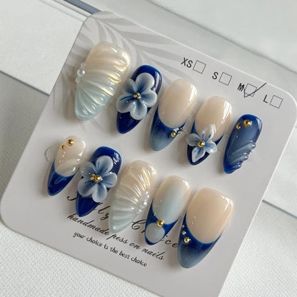 MAGLFELL Press On Nails - Luxury Medium Almond 3D Nails | Reusable ABS, Finger-Printed Nail Tips, French Salon Design (Size M)