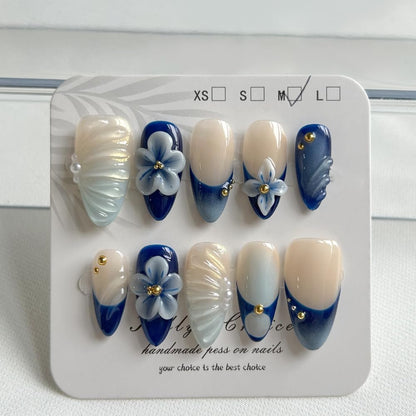 MAGLFELL Press On Nails - Luxury Medium Almond 3D Nails | Reusable ABS, Finger-Printed Nail Tips, French Salon Design (Size M)