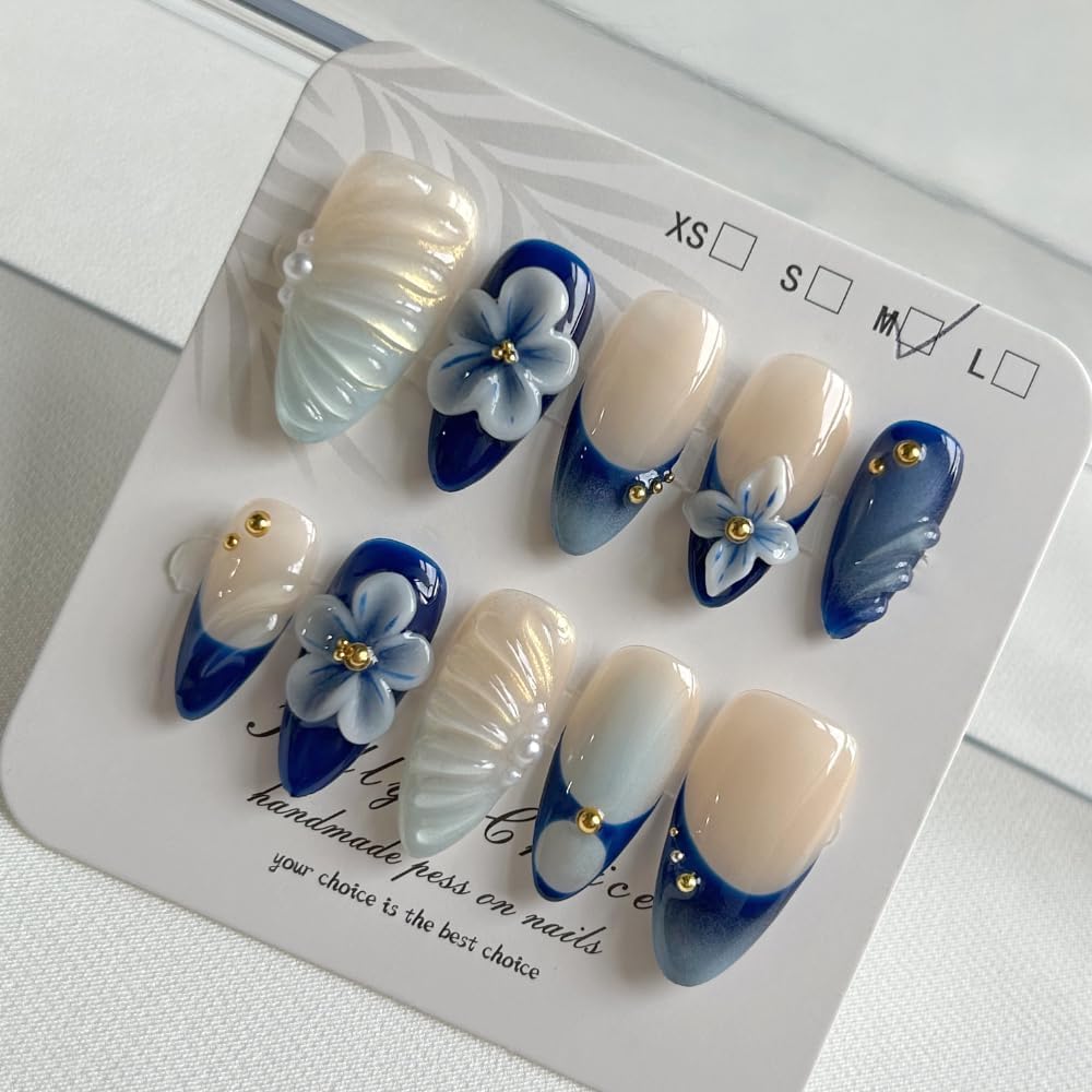 MAGLFELL Press On Nails - Medium Almond Bow Design (Size S) | Reusable Gel Nails DIY Kit