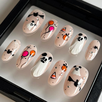 MAGLFELL Press On Nails - Handmade Medium Length Oval Nails with Ghost Design, 10 Pcs ABS Kit