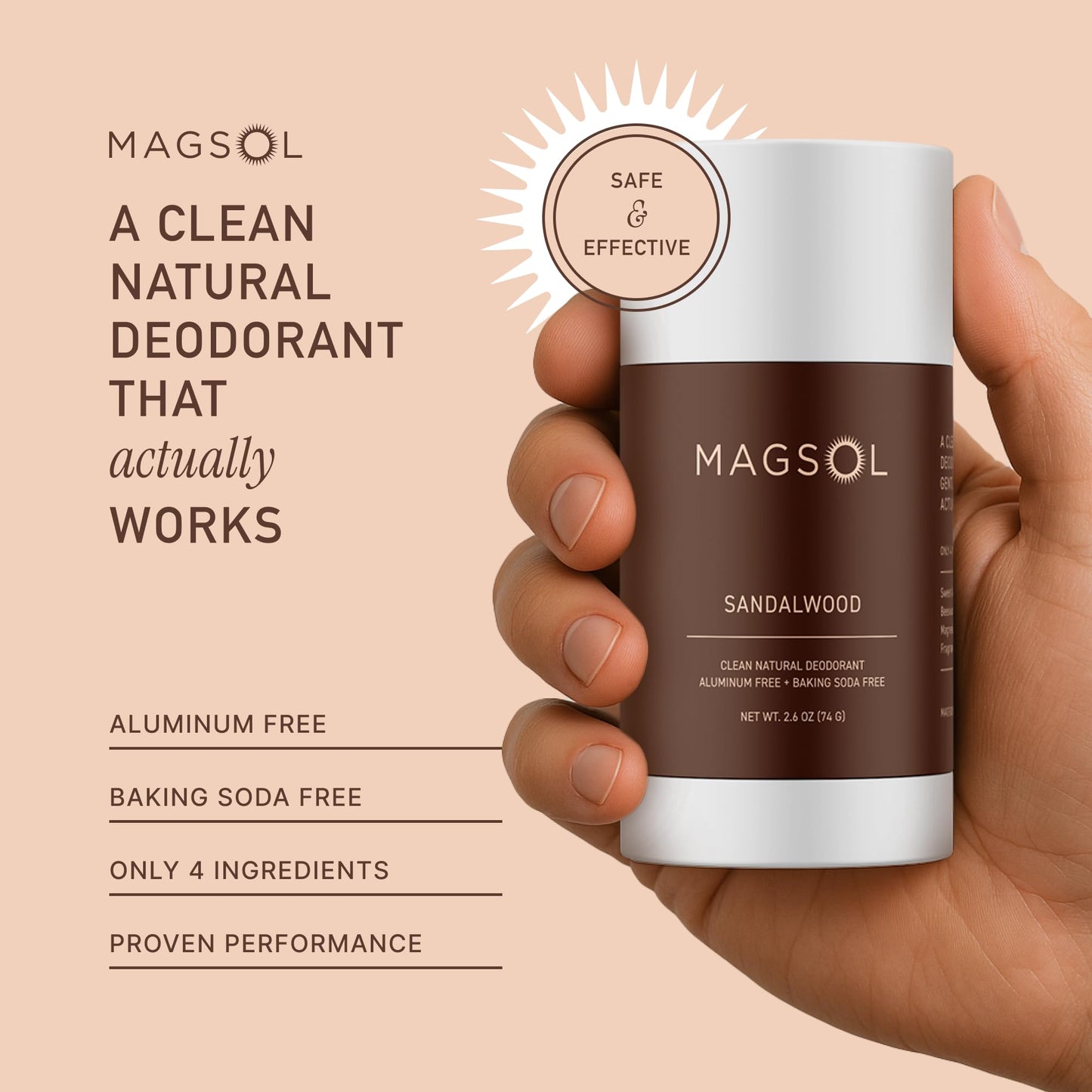 MAGSOL Magnesium Deodorant for Men – Aluminum-Free, Baking Soda-Free, Sandalwood, 2.6 oz