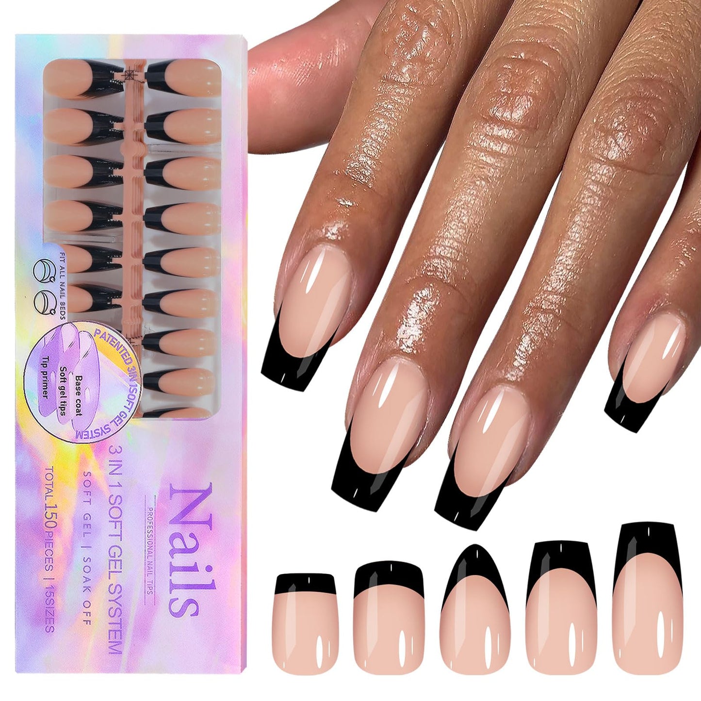 Maigitur Black French Tip Nails – 150Pcs Nude Short Almond Tips | 3-in-1 DIY Manicure