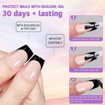Maigitur Black French Tip Nails – 150Pcs Nude Short Almond Tips | 3-in-1 DIY Manicure
