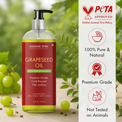 Majestic Pure Grapeseed Oil - 100% Pure & Natural, Cold-Pressed Carrier Oil for Skin, Hair & Body - 16 Fl Oz
