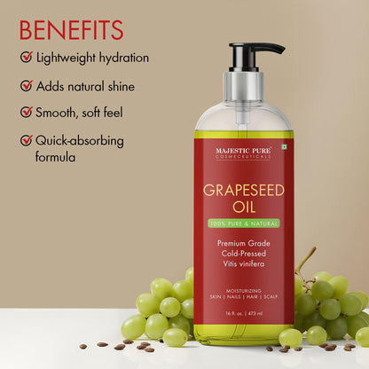 Majestic Pure Grapeseed Oil - 100% Pure & Natural, Cold-Pressed Carrier Oil for Skin, Hair & Body - 16 Fl Oz