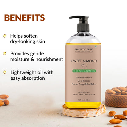 Majestic Pure Sweet Almond Oil — Cold-Pressed, Triple A Grade, Spanish Origin, 16 fl oz