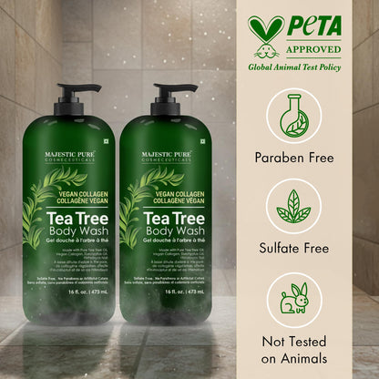 Majestic Pure Tea Tree Body Wash - Soothe Dry Skin & Irritation - Cruelty-Free, Sulfate-Free (16 fl oz Pack of 2)