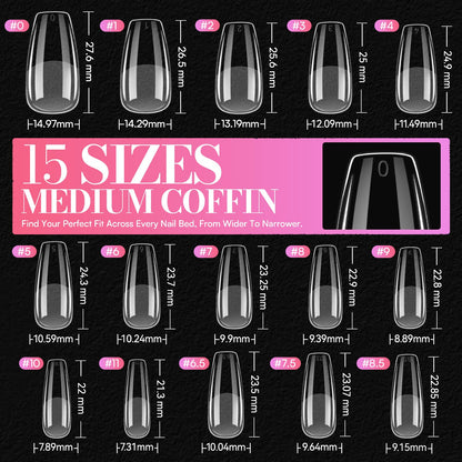 Makartt Medium Coffin Nail Tips – 504 PCS Pre-Etched Clear Nails, 15 Sizes, Half-Matte Finish, Press-On Extensions