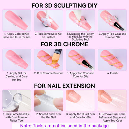 Makartt 3D Gel Nail Art Starter Kit — Clear Sculpting Gel, No-Wipe Finish, Chrome Powder & Molding Gels