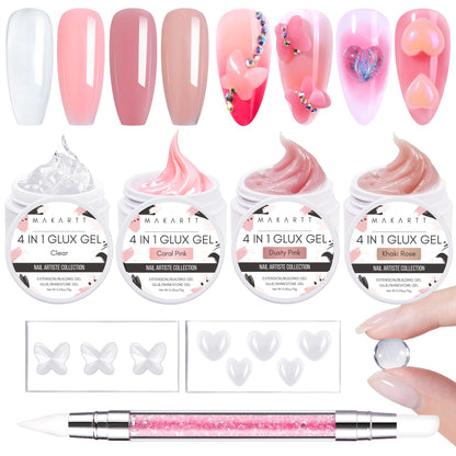 Makartt 3D Sculpting Gel Starter Kit – 4 Colors (Clear + 3 Nude), Floral Molds, Multi-Use Builder Gel