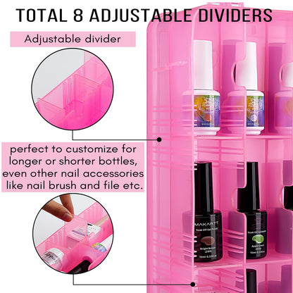 Makartt Nail Polish Organizer – Pink Acrylic Case for 48 Bottles with 8 Adjustable Dividers | Space-Saving