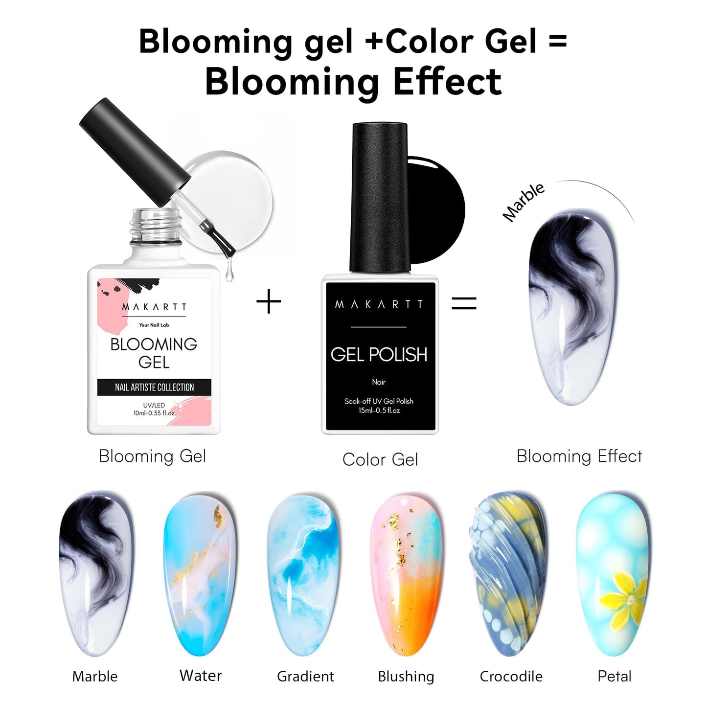 Makartt Blooming Gel & 3D Gel Nail Art Kit — Watercolor Marble Effects, 3D Molding & Gems (UV/LED 15ml)